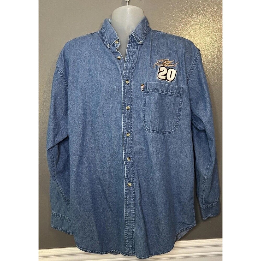 NASCAR Tony Stewart #20 Shirt Mens Large Blue Denim Long Sleeve Button Down